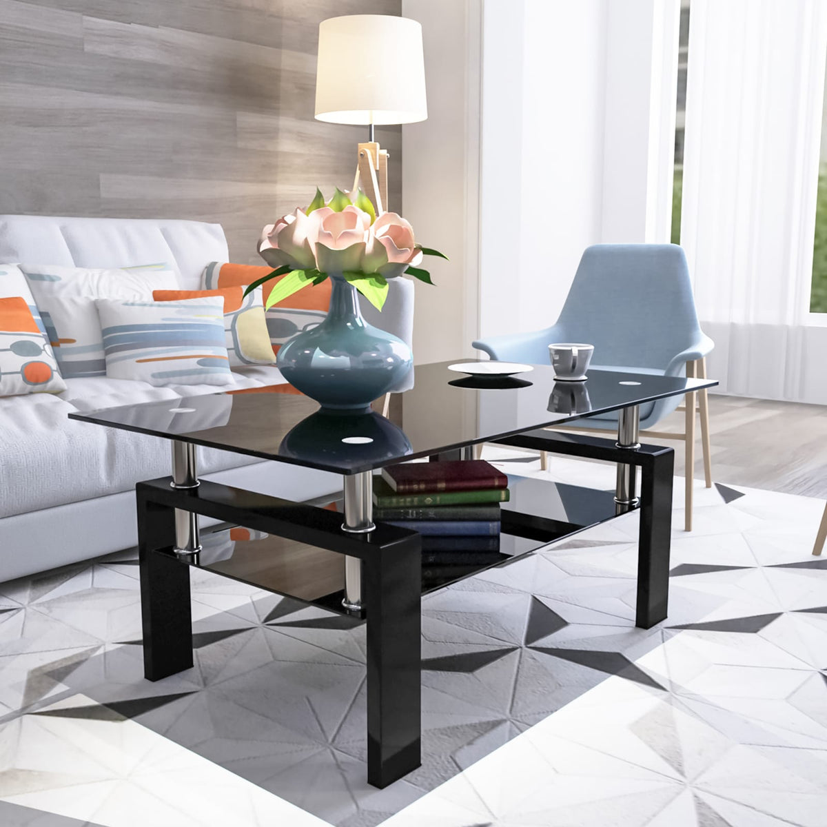 Black Glass Coffee Table - Storage Side Table