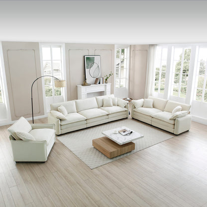 6 Seat Beige Corduroy Sofa - Retro Sectional Sofa