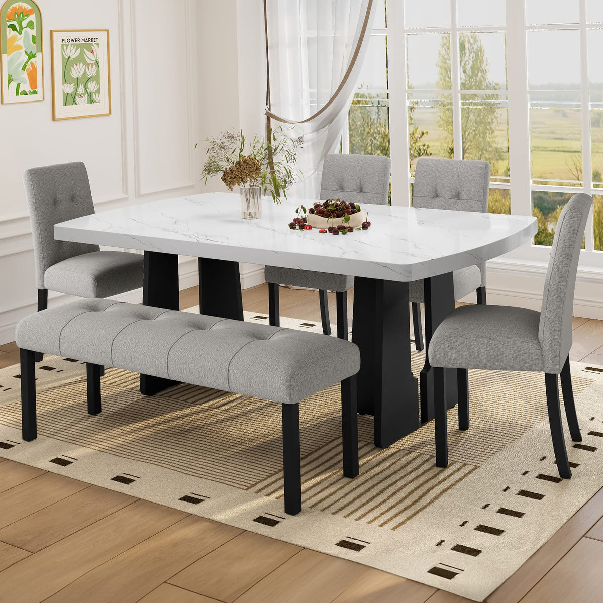 Modern Rectangular Dining Table Set with Bench & Chairs for Dining Room