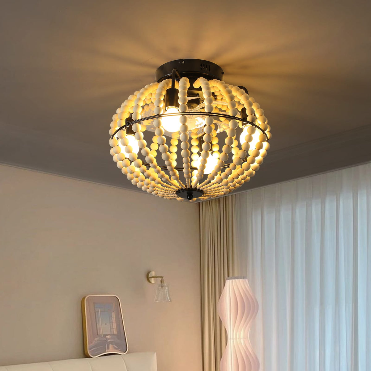 18 Inch Iron Beaded Ceiling Fan with Light - White Boho Chandelier