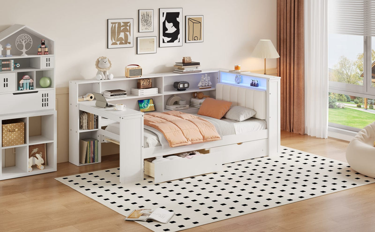 Twin Size Beige+White Wood Platform Bed with Storage
