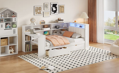 Twin Size Beige+White Wood Platform Bed with Storage