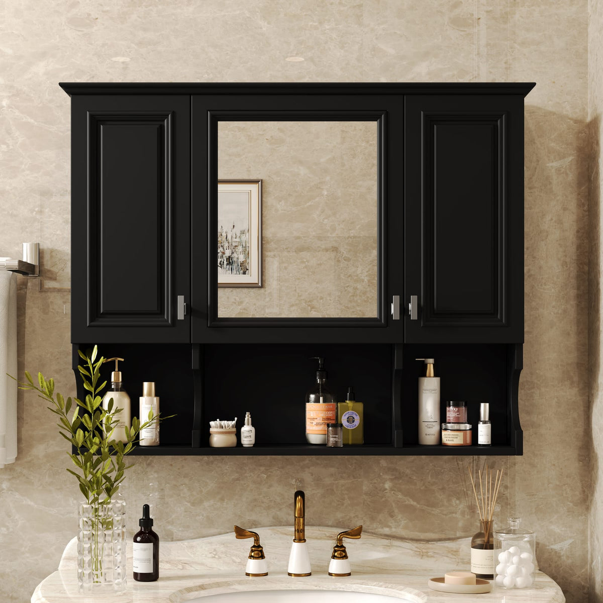 35'' Wall Mounted Bathroom Medicine Cabinet with Mirror - Black MDF