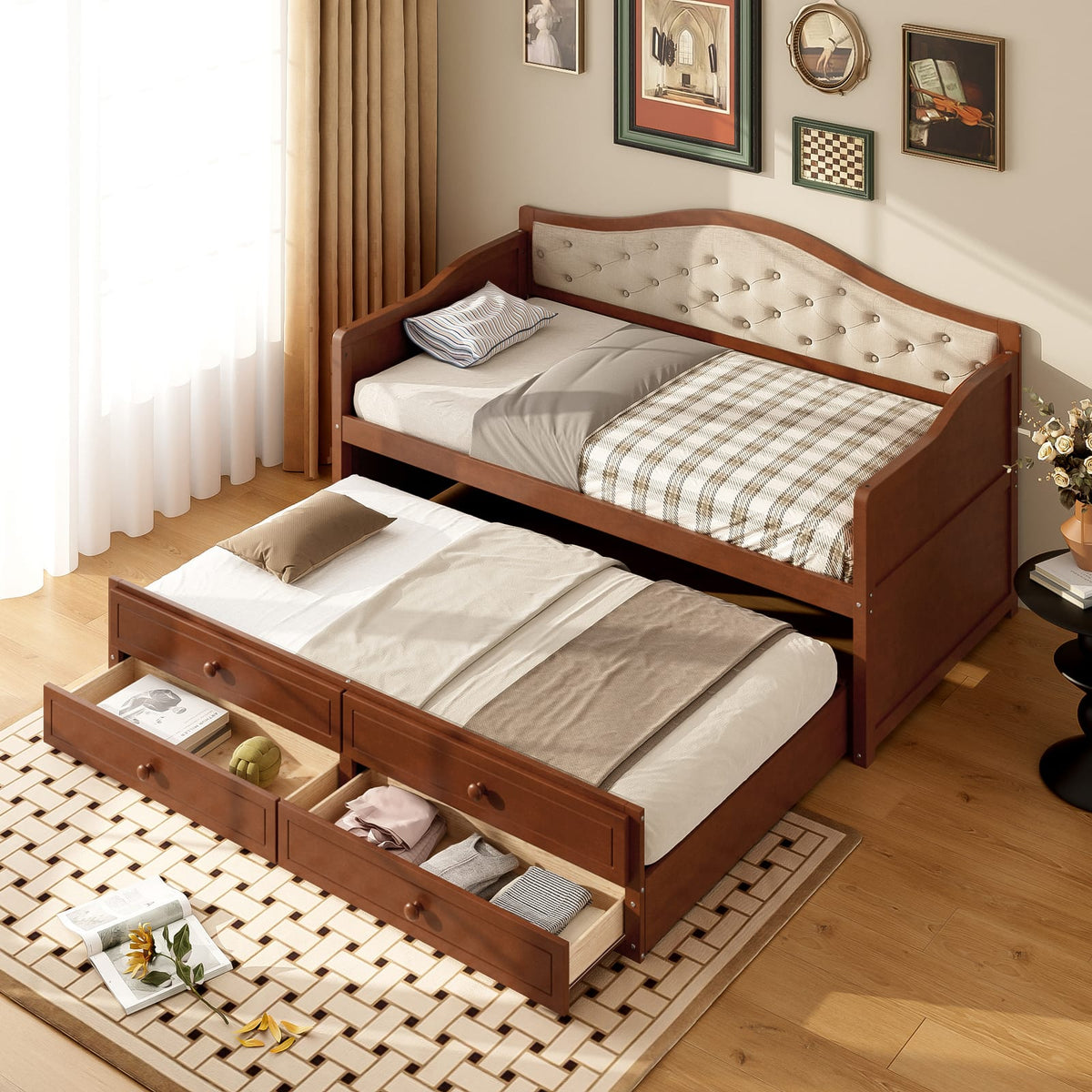 Twin Walnut Daybed with Trundle - Storage Sofa Bed for Bedroom
