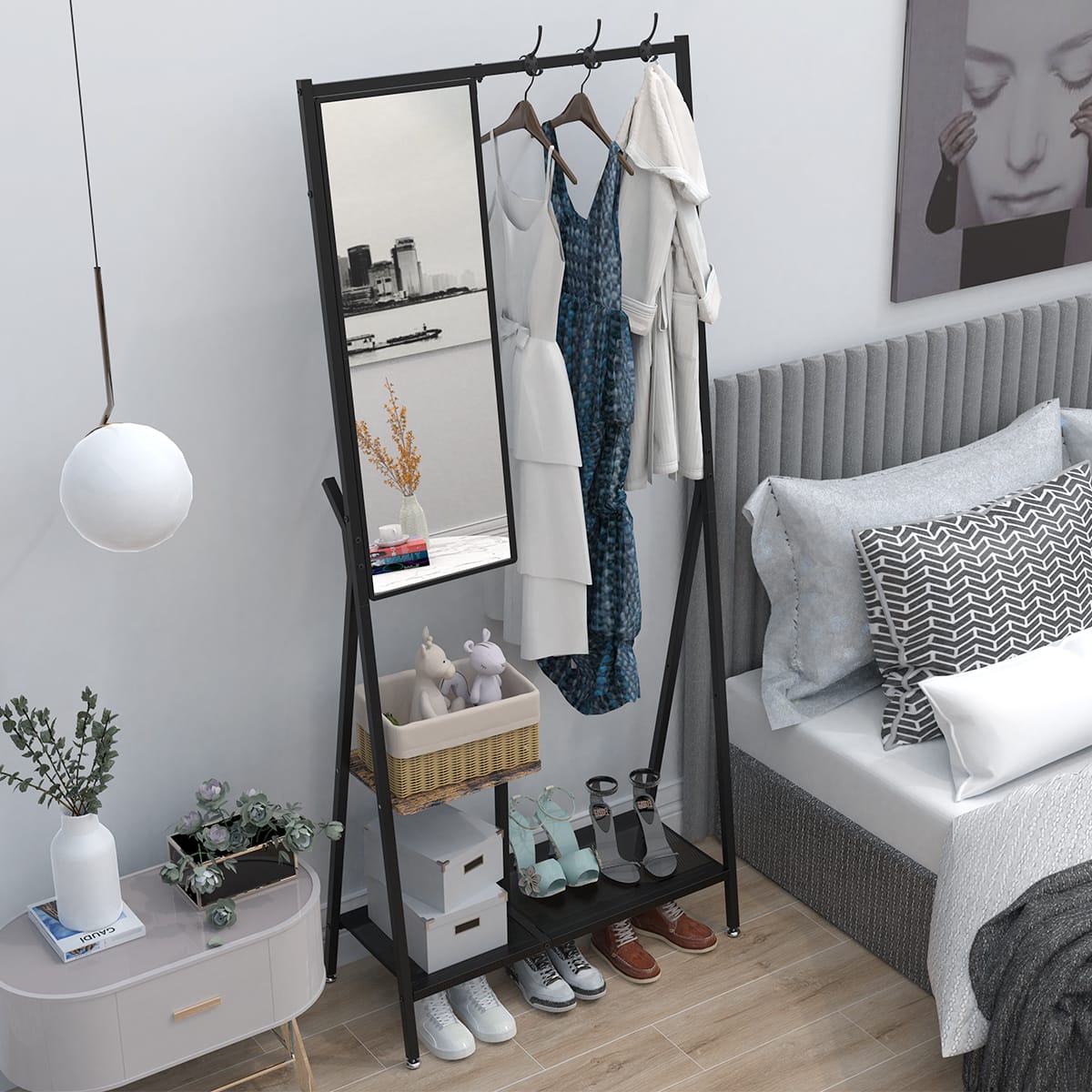 Black Brown Metal Coat Rack with Mirror - 73" Hall Tree