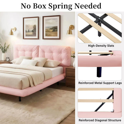 Queen Pink Upholstered Bed Frame - Button Tufted Headboard, No Box Spring Needed
