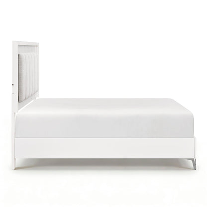 Queen White Wood Bed Frame with Chenille Headboard
