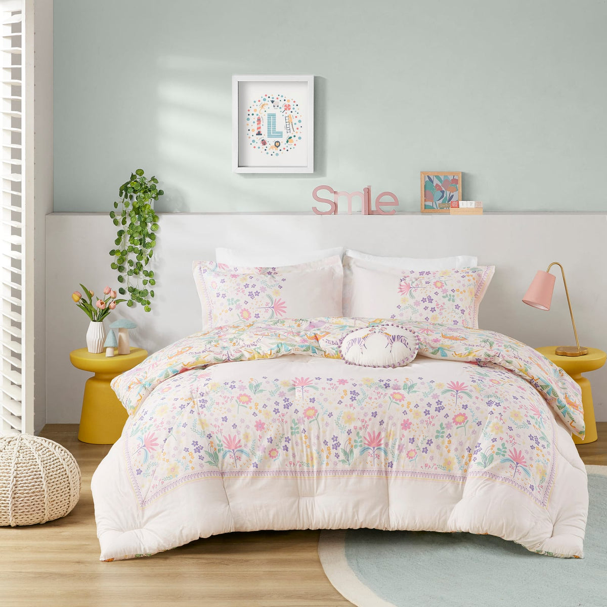 4 Piece Floral Reversible Cotton Comforter Set Purple