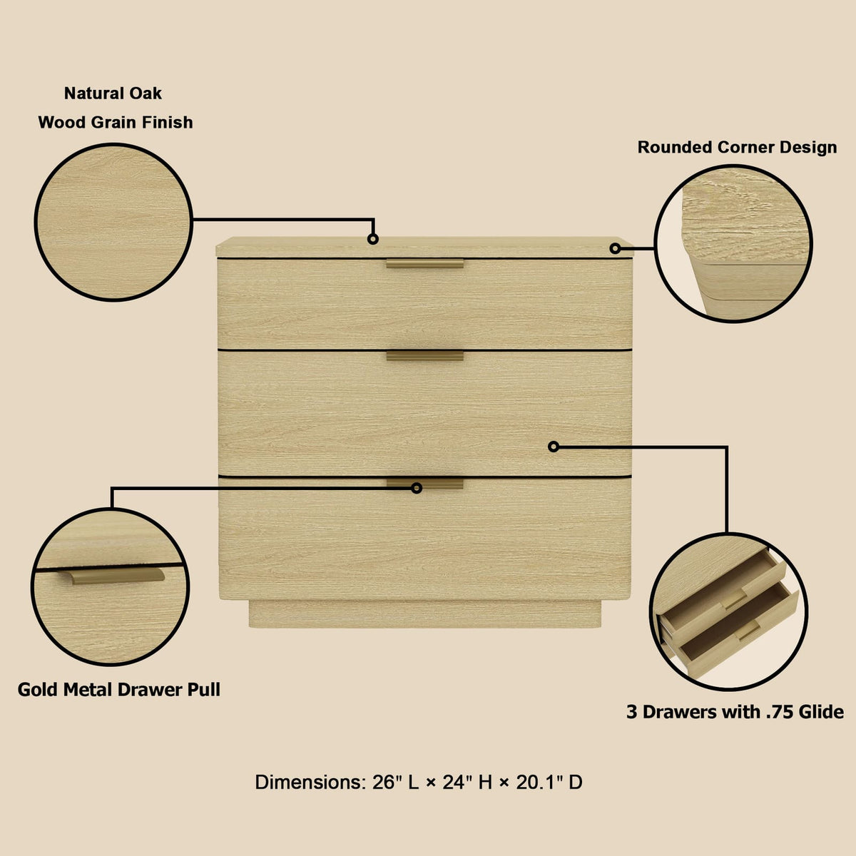 Natural Oak Nightstand - 26" Modern Design for Bedroom