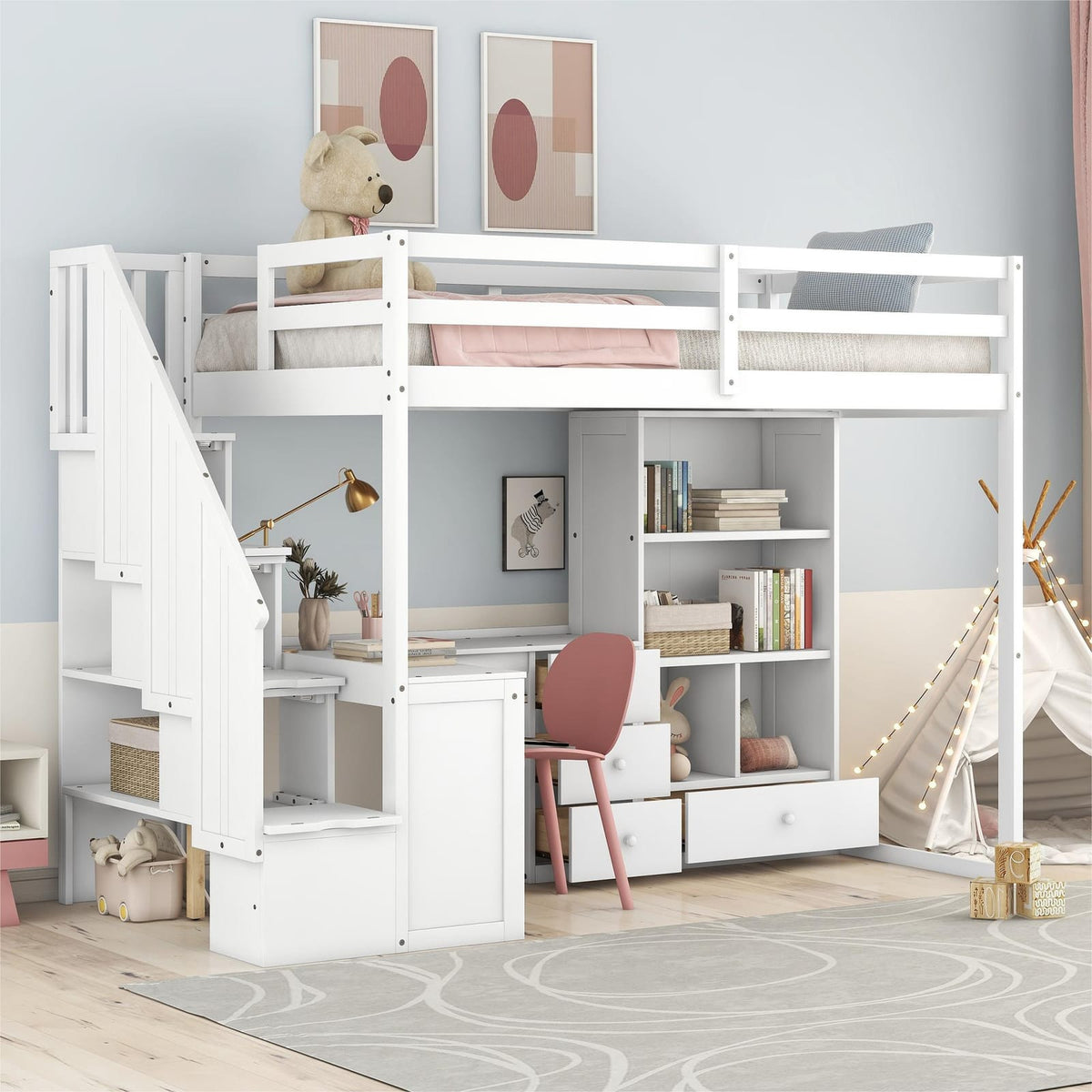 White Pine Twin Loft Bed with Storage Staircase and L-Shaped Desk for Bedroom