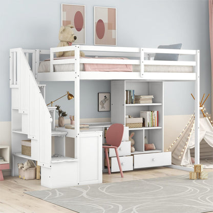 White Pine Twin Loft Bed with Storage Staircase and L-Shaped Desk for Bedroom
