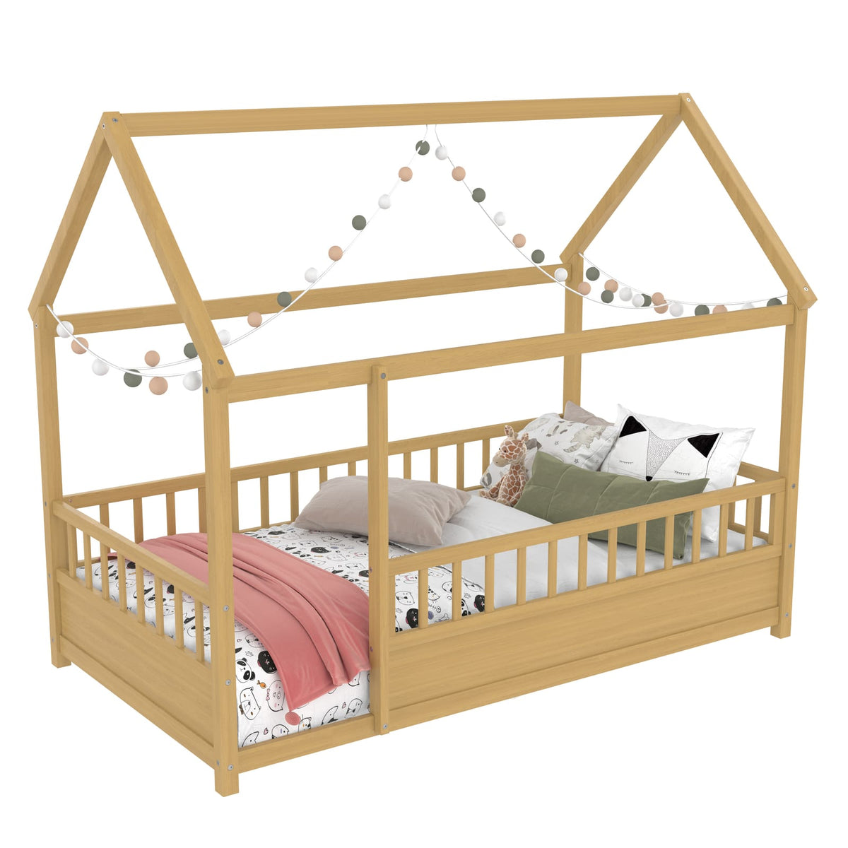 Twin Size Wooden House Bed Frame Natural Pine for Bedroom