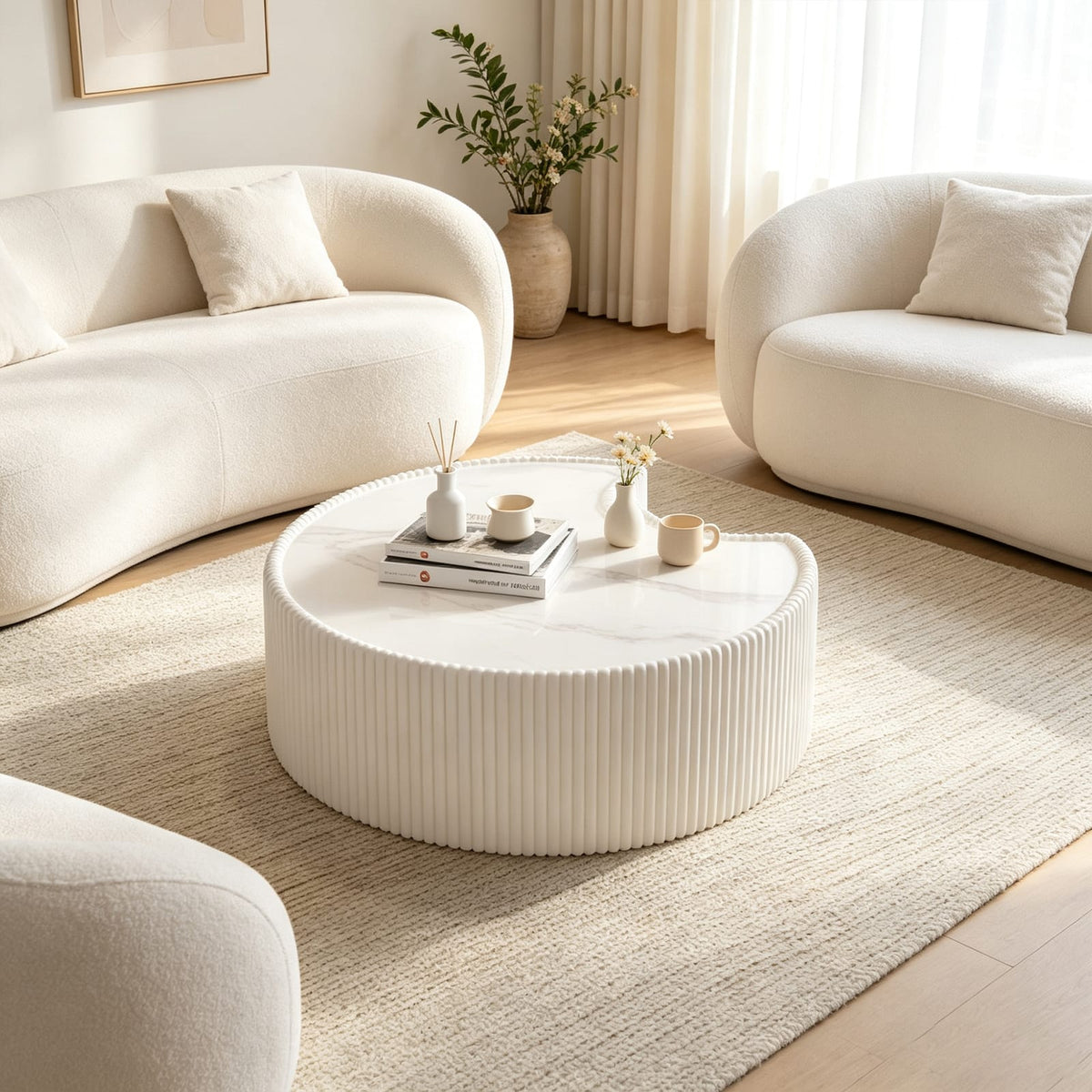 Light Sintered Stone Top Stylish Irregular Shape Leather Coffee Table - Cream White