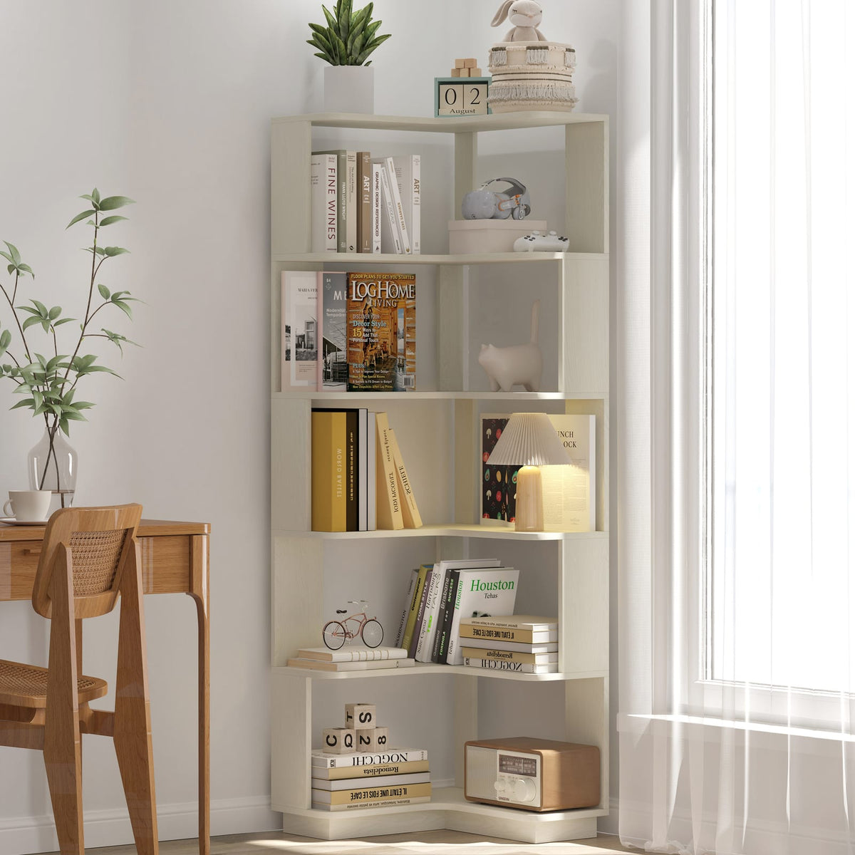 6 Tier White Oak Corner Bookshelf - Living Room Storage