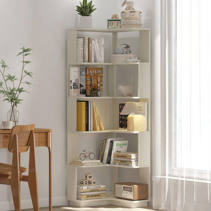 6 Tier White Oak Corner Bookshelf - Living Room Storage