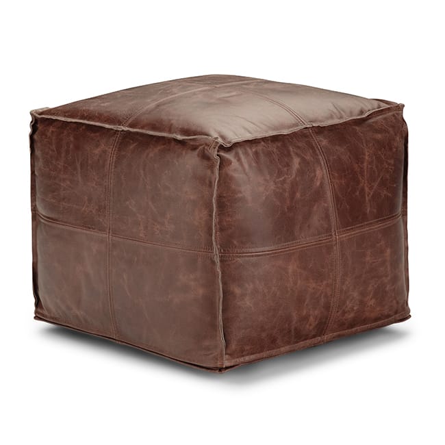 Dark Brown Leather Square Pouf - 18 Inch Wide for Living Room