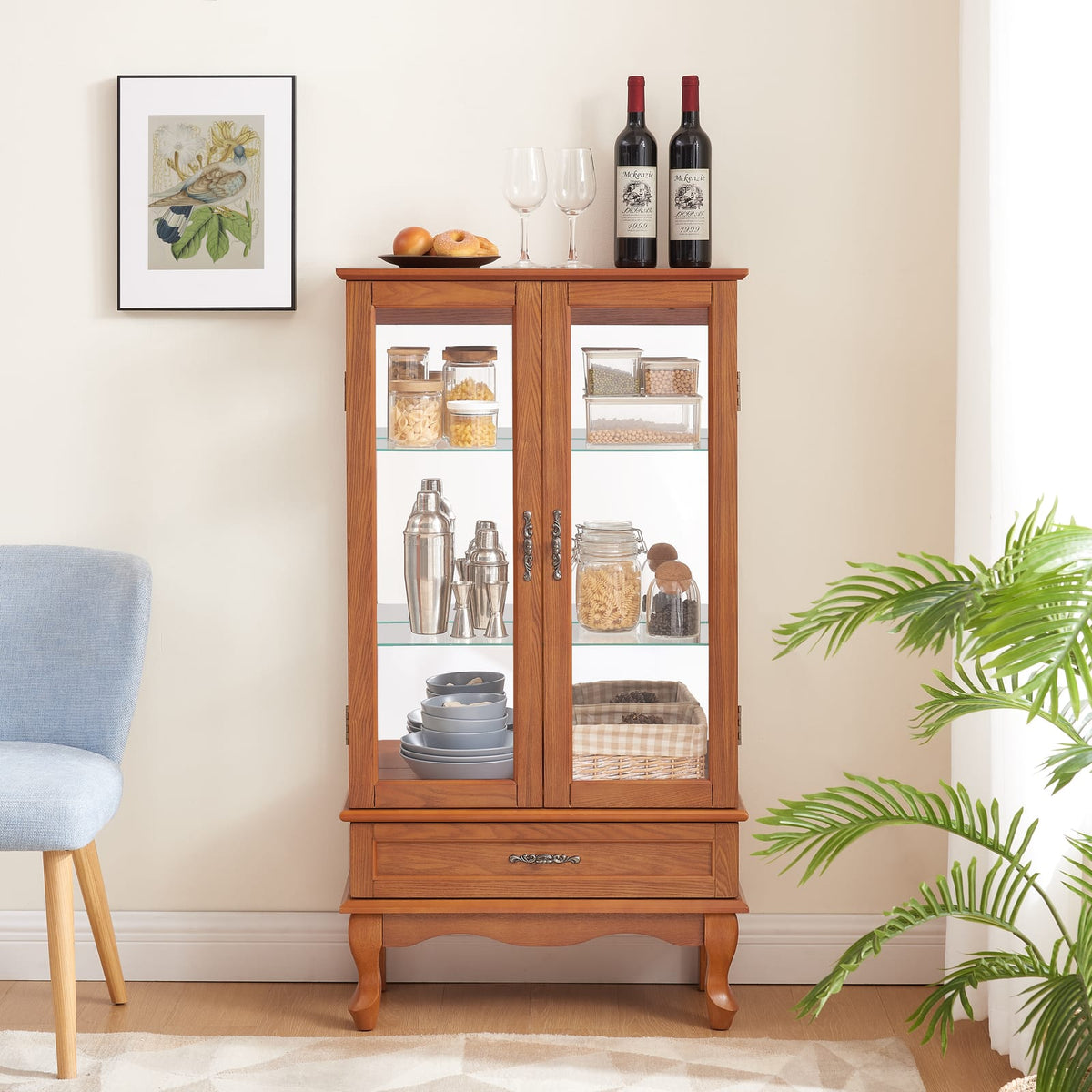 Oak Glass Display Cabinet with Adjustable Shelves and Storage for Living Room