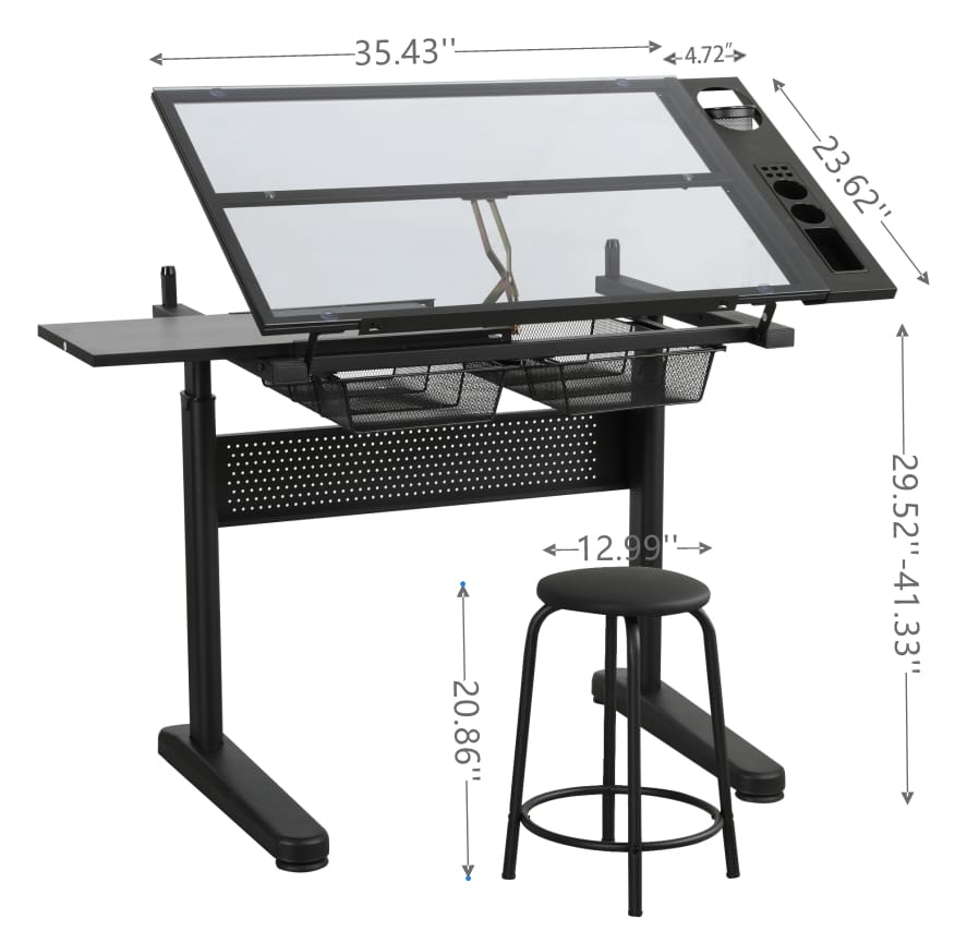 Hand Crank Adjustable Drafting Table - Black with Stool