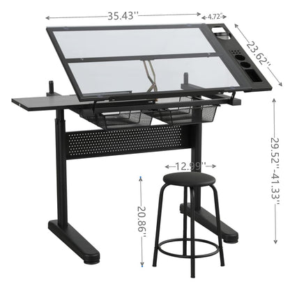 Hand Crank Adjustable Drafting Table - Black with Stool