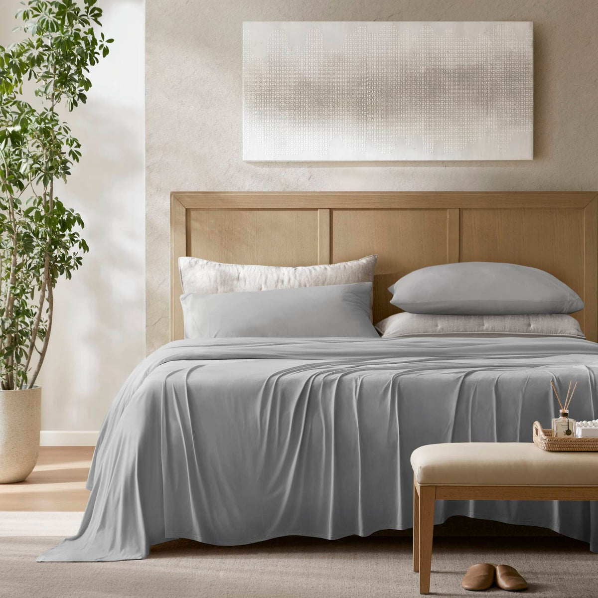 4-Piece King Stretch Jersey Sheet Set, Grey - Breathable & Deep Pockets