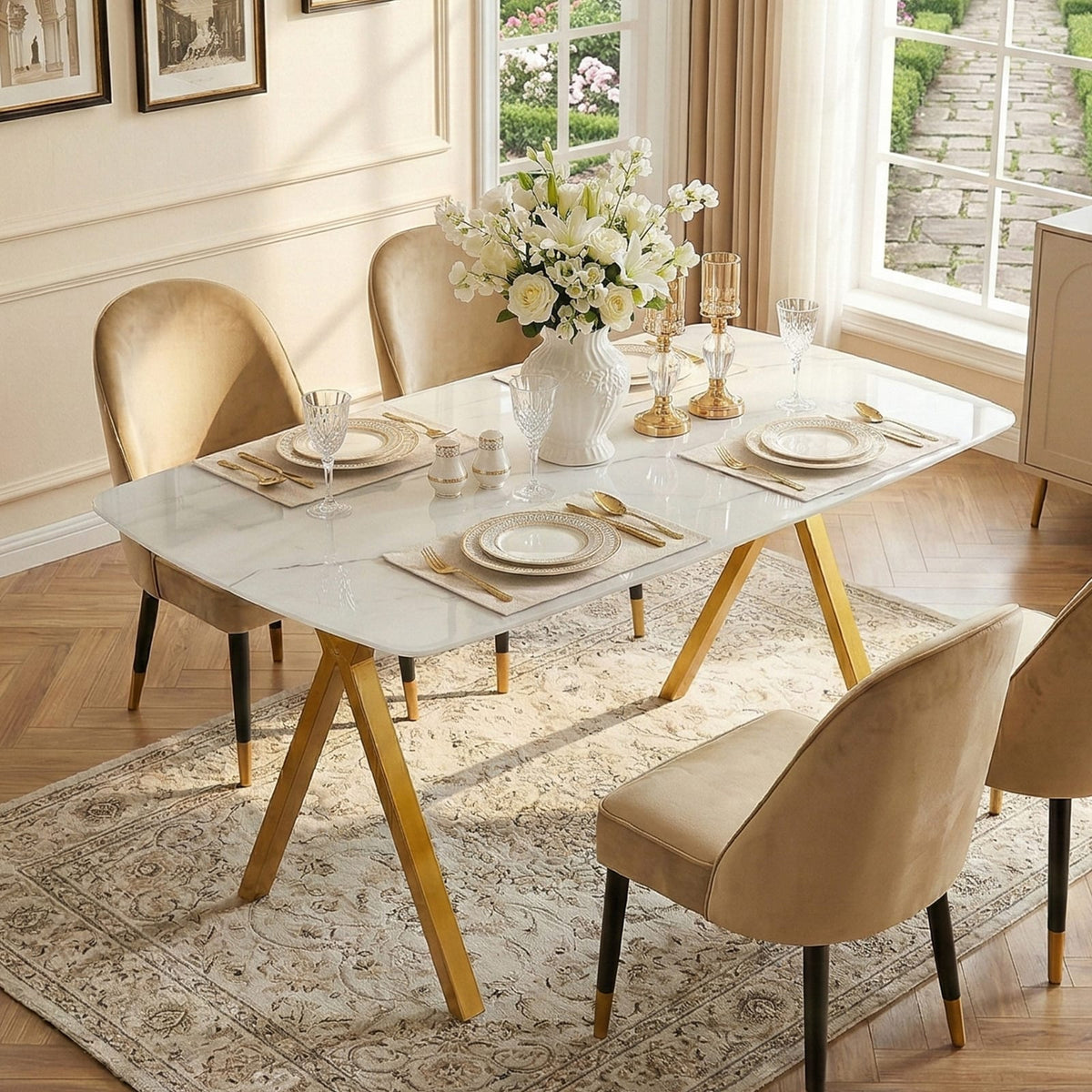 Gold Glass Dining Table - Rectangular Tempered Glass Tabletop