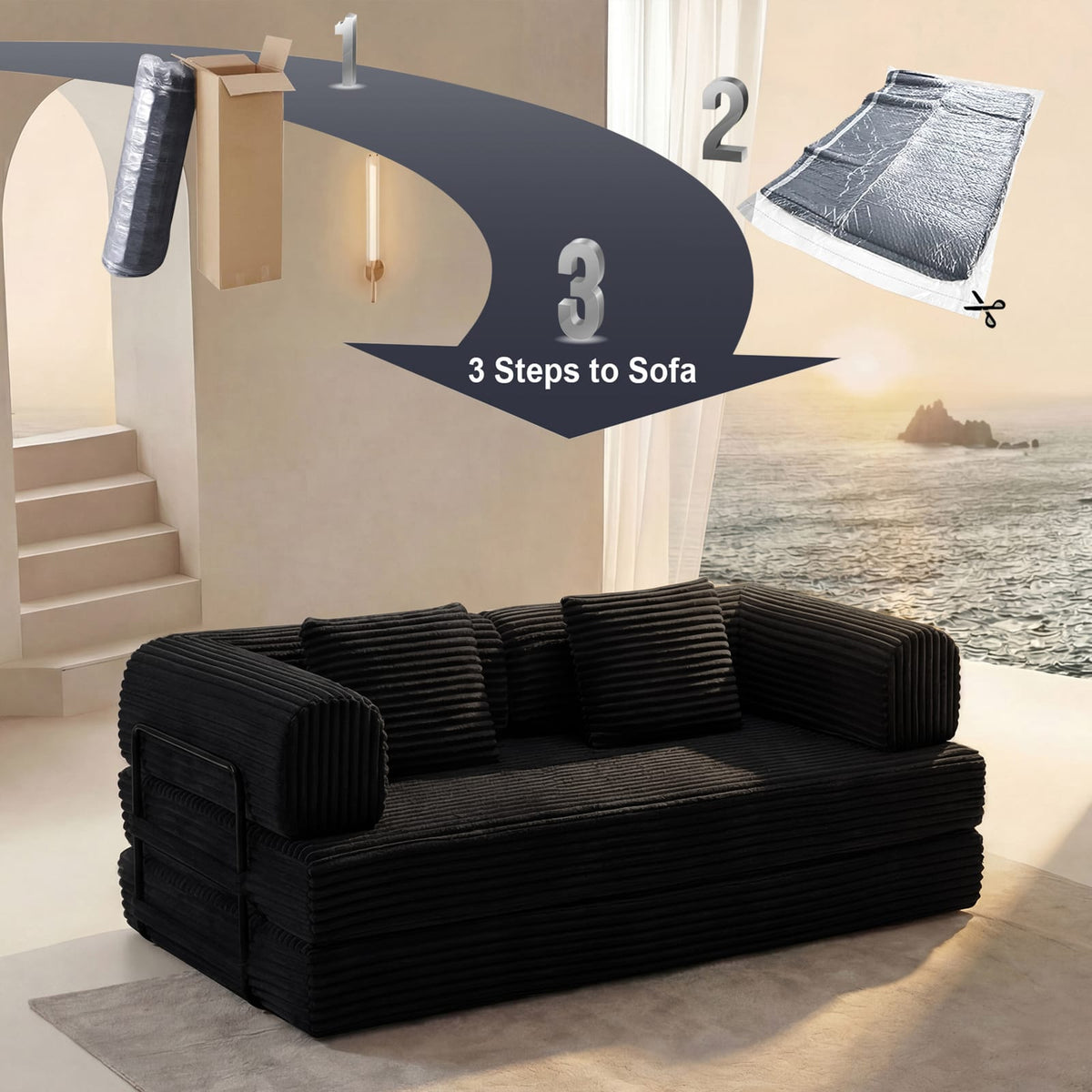 2 Seat Black Foam Sofa - Convertible Sleeper Bed for Living Room