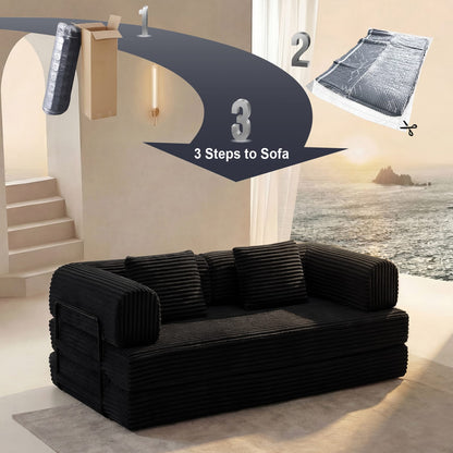2 Seat Black Foam Sofa - Convertible Sleeper Bed for Living Room