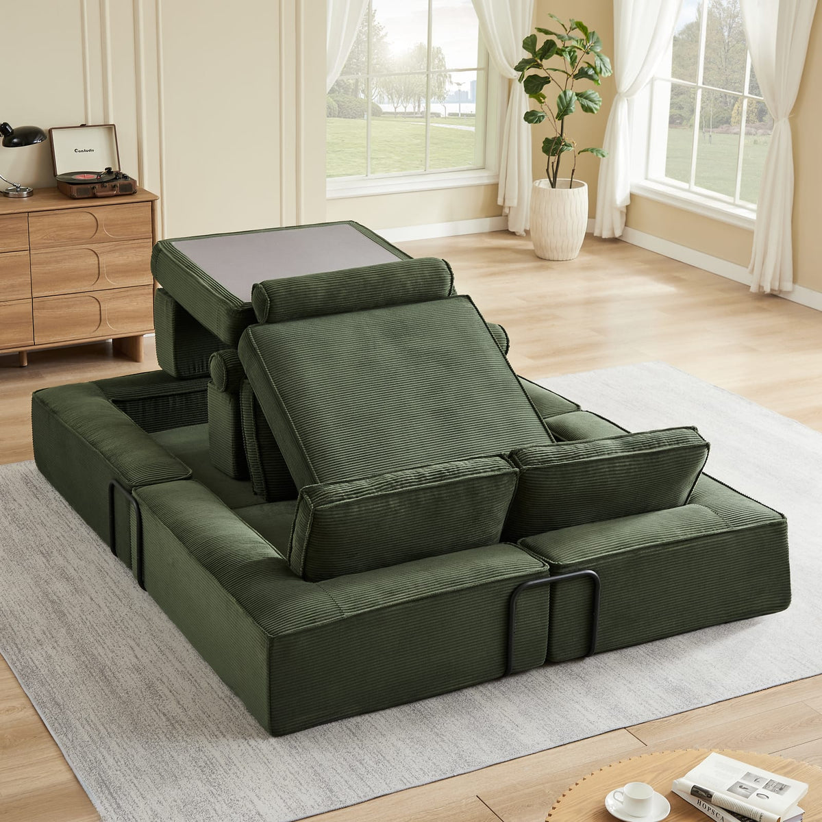 Army Green Foam Sectional Sofa for Family Living Room