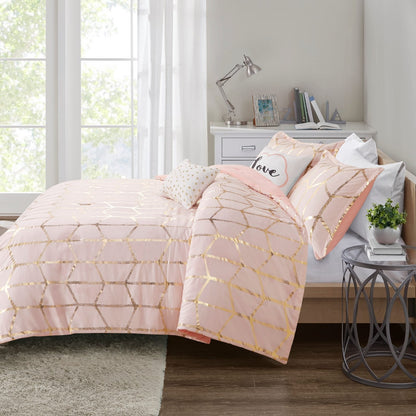 King Size Blush Polyester Comforter Set with Geometric Print