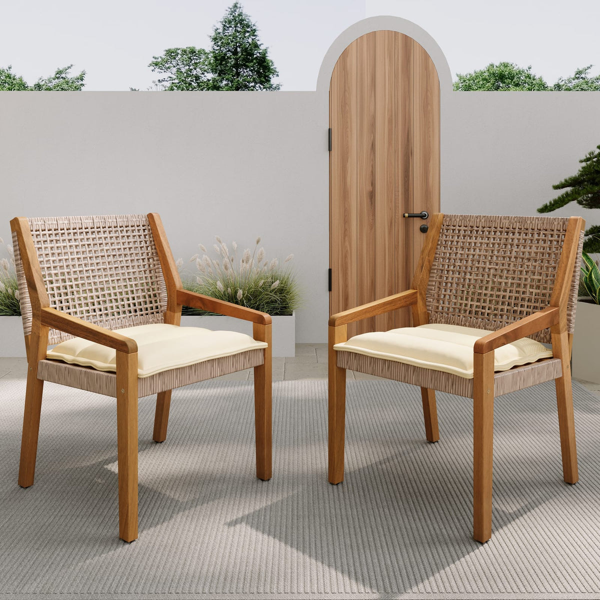 Acacia Wood & Wicker Patio Dining Chairs - Set of 2, Brown Teak Finish