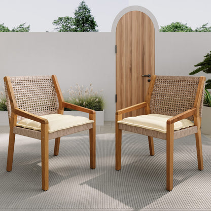 Acacia Wood & Wicker Patio Dining Chairs - Set of 2, Brown Teak Finish