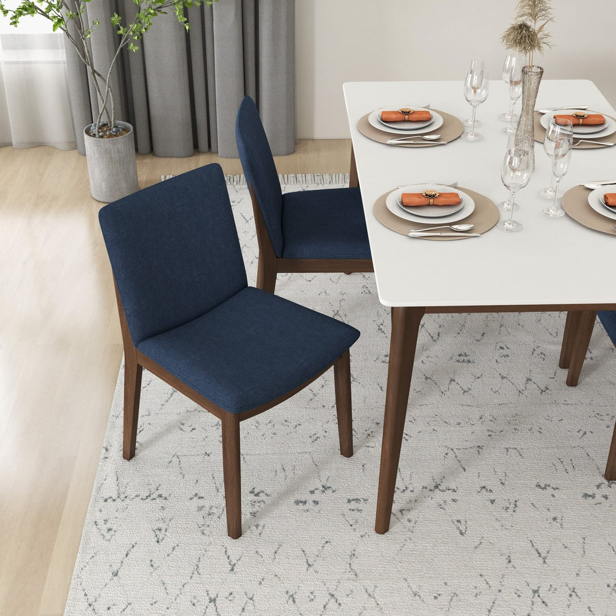 Dark Blue Brown Mid-Century Dining Chairs - Set of 2 for Dining Room