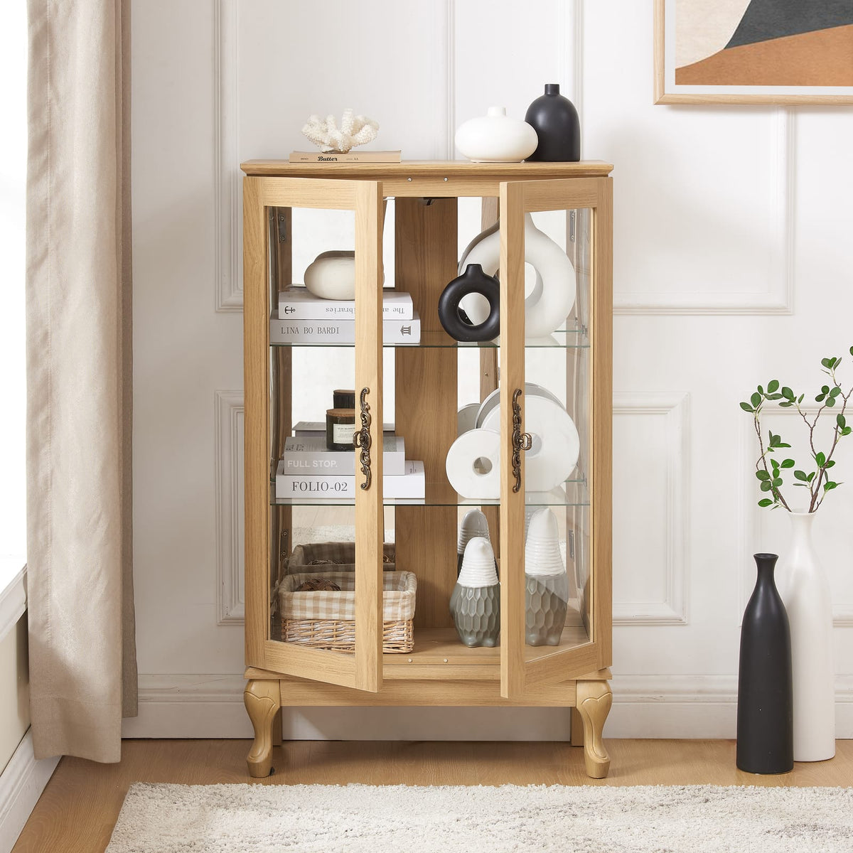 Oak Glass Curio Cabinet - 3 Shelves Display Cabinet