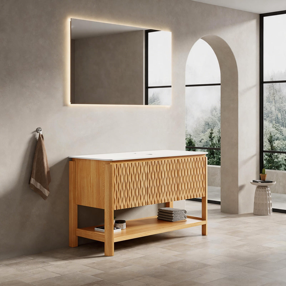 48 Inch Brown Oak Bathroom Vanity with White Stone Top