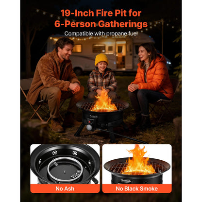 19 Inch Portable Propane Fire Pit - Black Stainless Steel Outdoor Heating