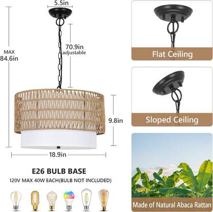 Farmhouse Rattan Chandelier - 5-Light Boho Dining Room Lighting