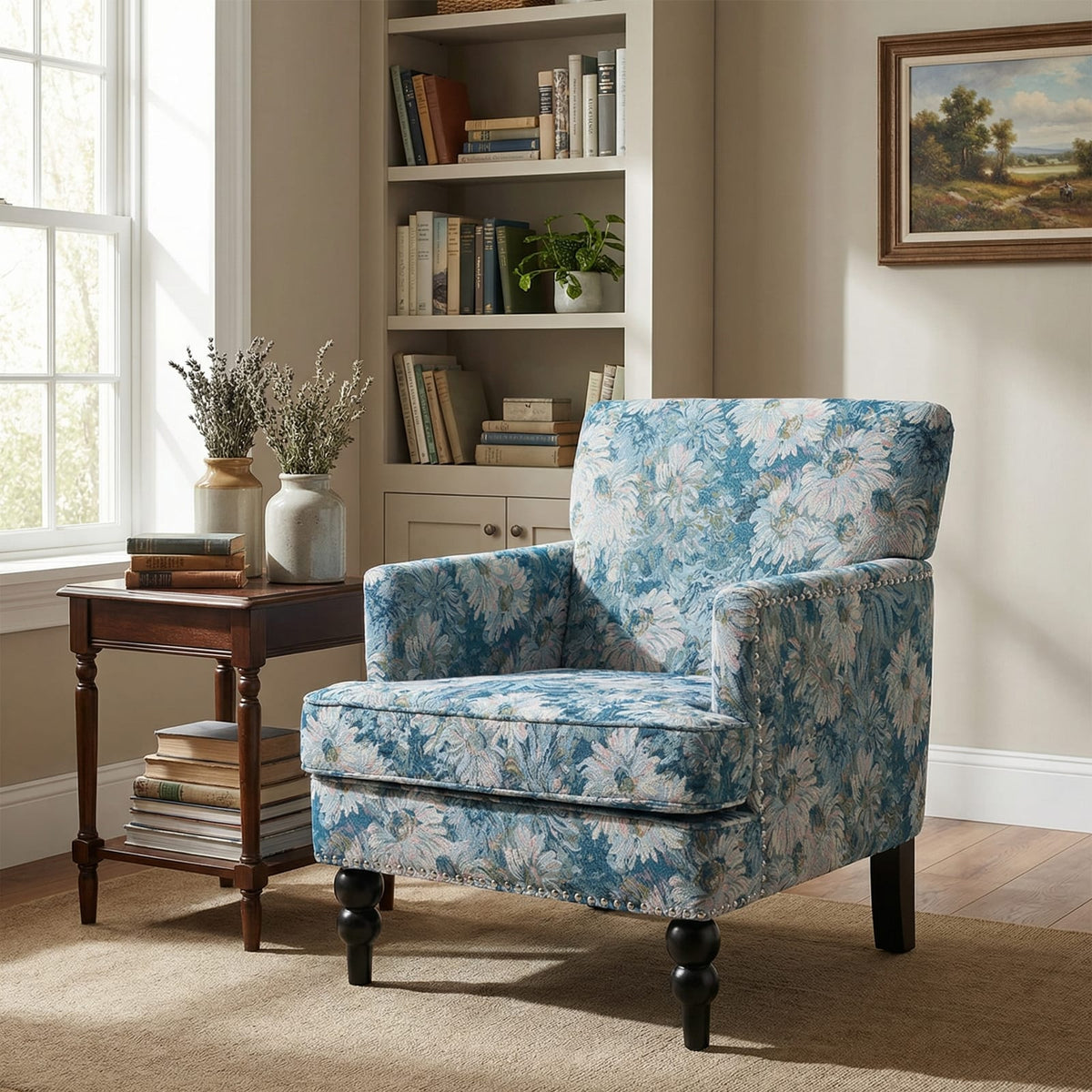 Blue Multi Club Chair with Solid Wood Base for Living Room Seating