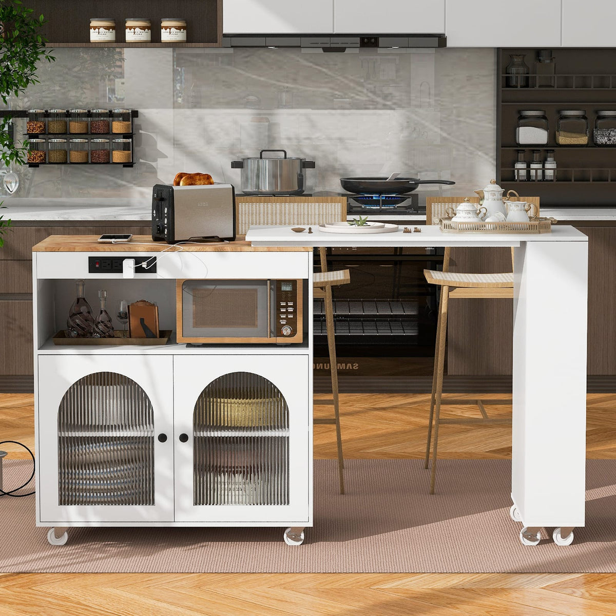 White Rolling Kitchen Island with LED Lights and Storage