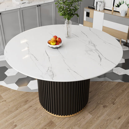 46 Inch Round Faux Marble Dining Table, Black Wave Metal Base - Accommodates 4 People