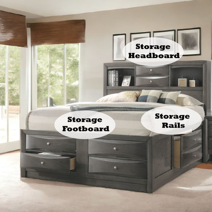 Queen Gray Storage Bed with Bookcase Base
