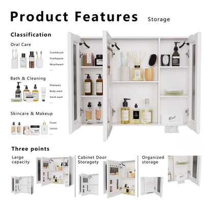 White Bathroom Medicine Cabinet - 3 Door Storage Mirror