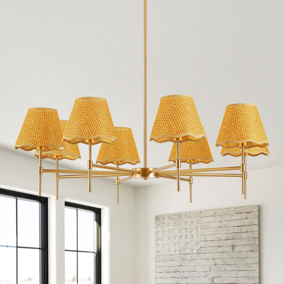 Gold Rattan Chandelier - 8 Lights Iron Frame, 38.6" Boho Pendant Light