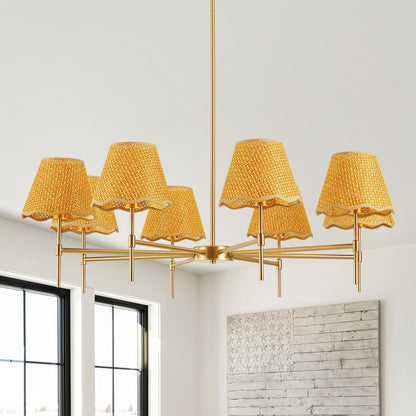 Gold Rattan Chandelier - 8 Lights Iron Frame, 38.6" Boho Pendant Light