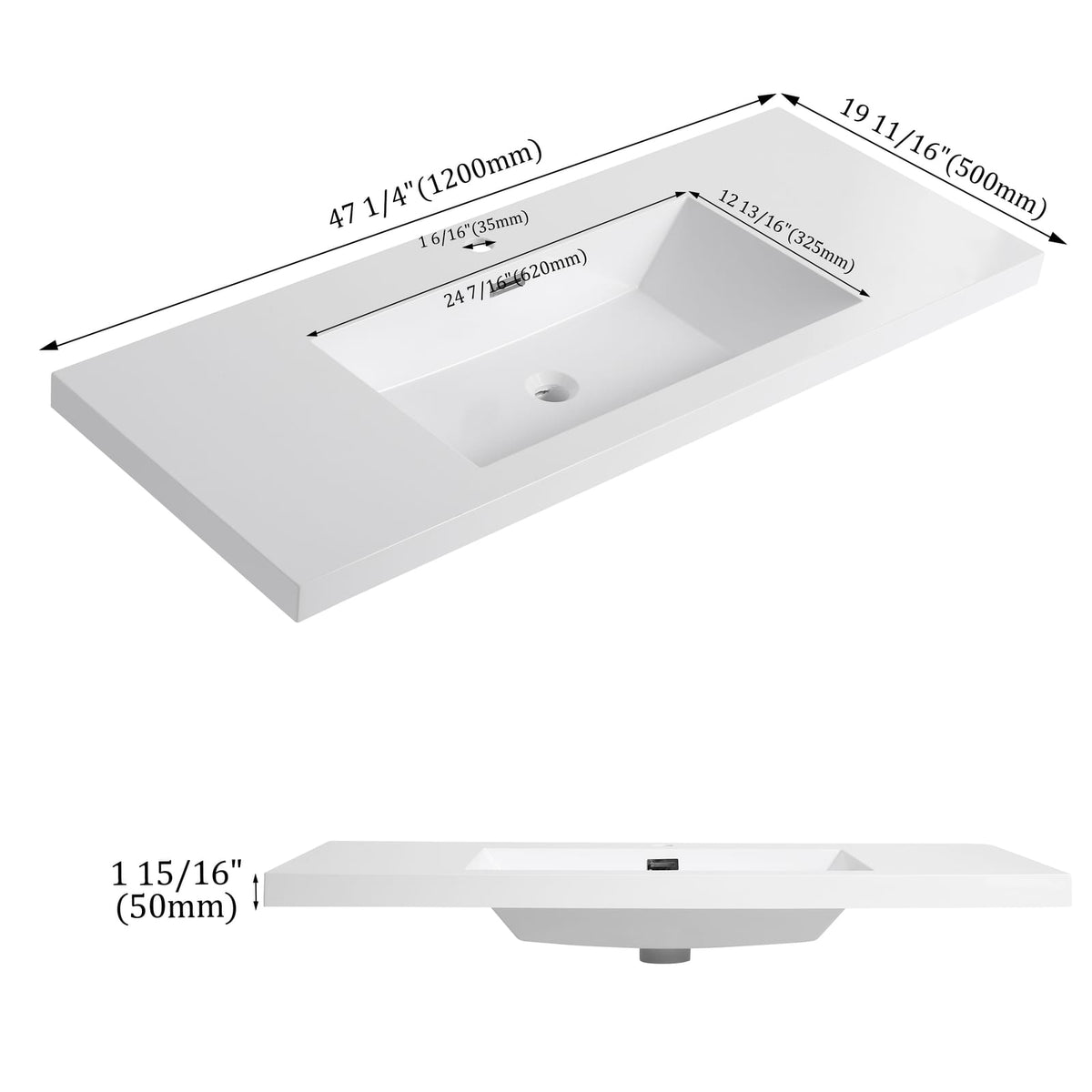48" Gloss White Resin Bathroom Sink - Durable & Modern