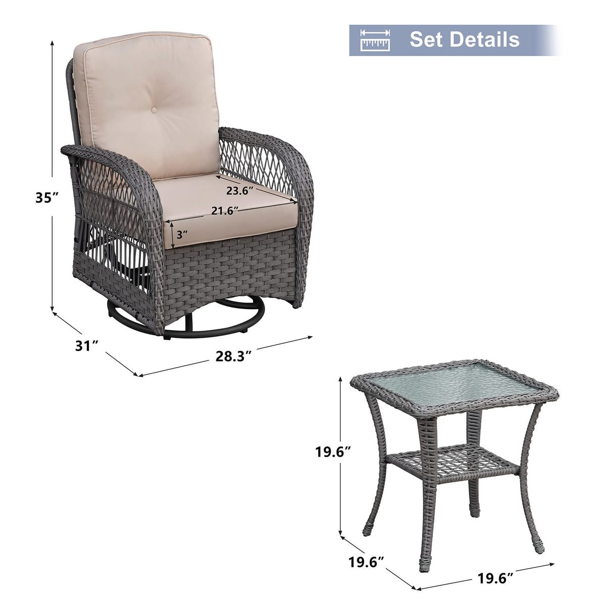 Grey Wicker Rocking Chair Patio Set - 3 Piece Bistro Set with Glass Table