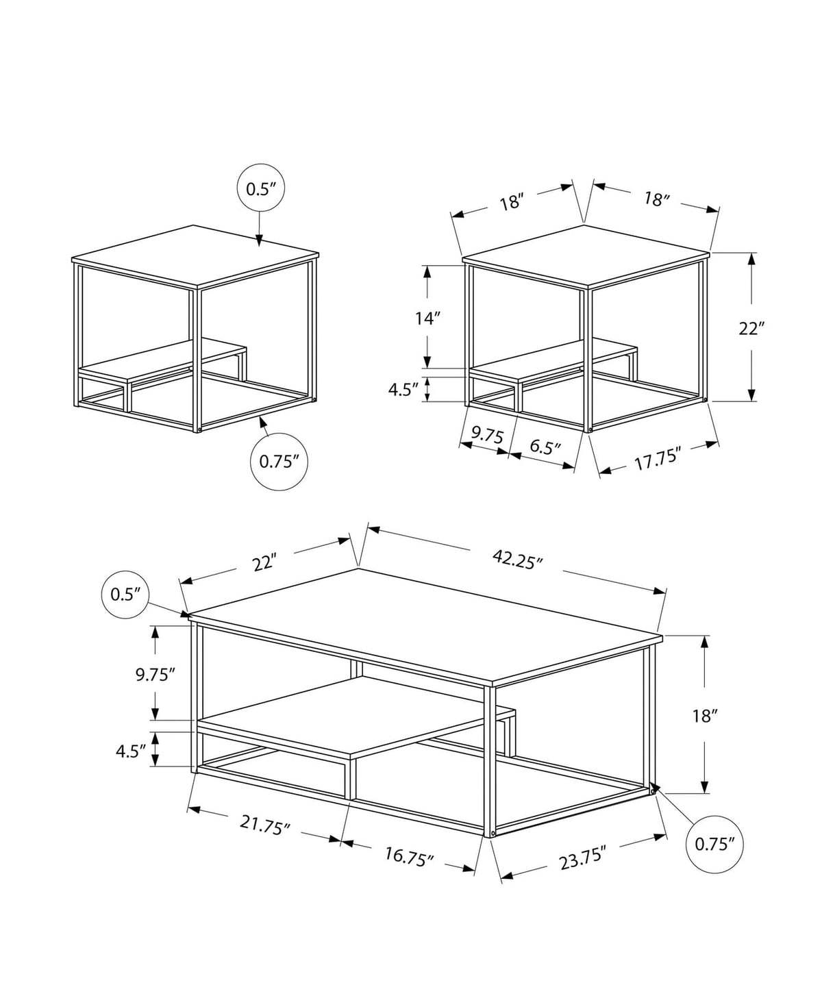 White MDF Coffee Table Set with Storage Shelves for Living Room