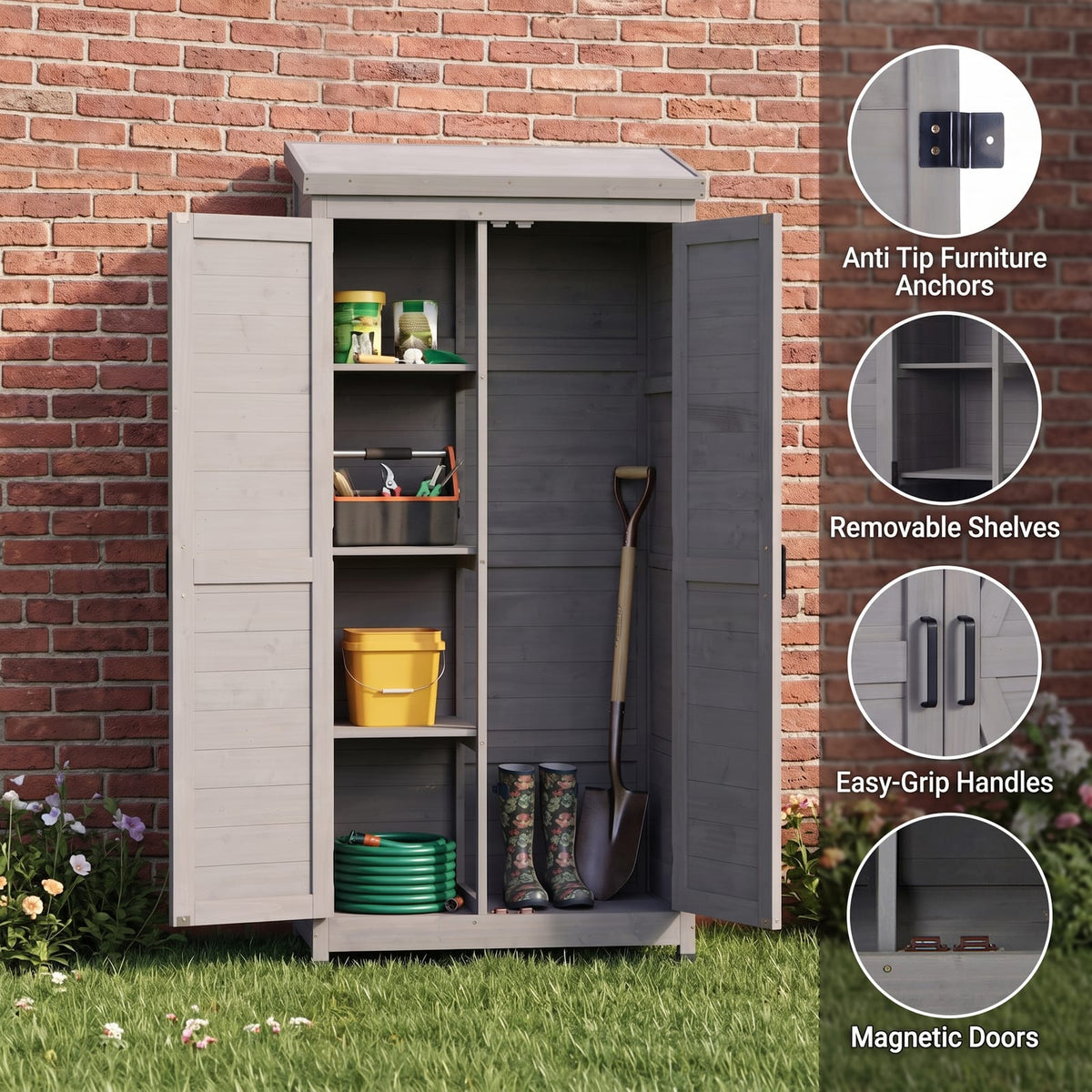 Grey Solid Wood Outdoor Storage Cabinet for Garden Patio Organization