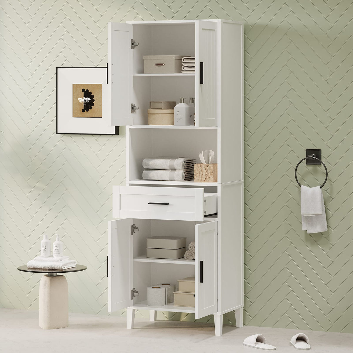 White Bathroom Cabinet with Drawer & Shelves - 70.9" Tall