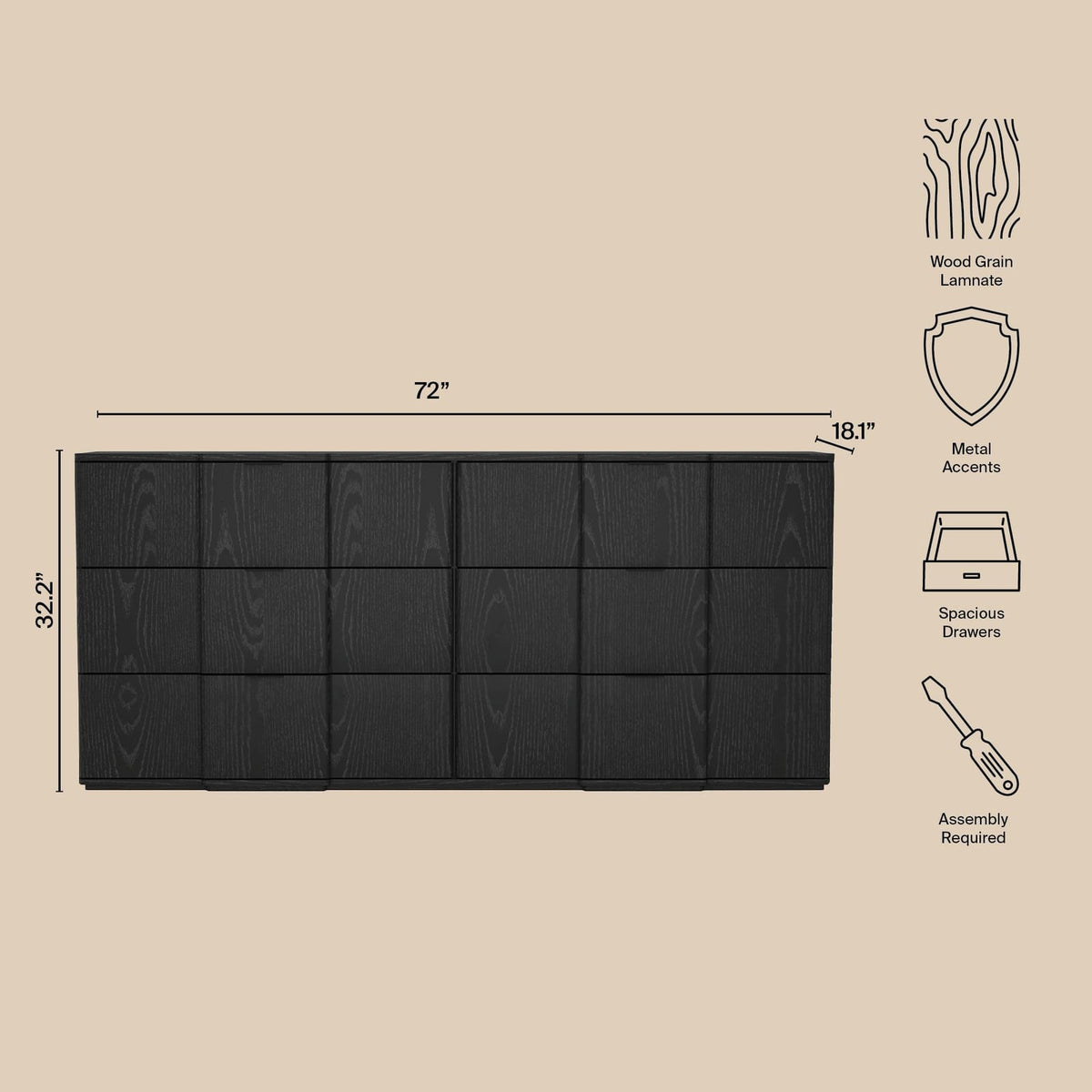 72" Black MDF Dresser with 6 Drawers