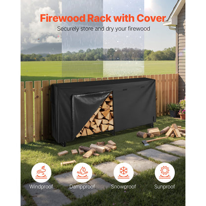 Black Iron Firewood Rack with Cover - 8ft Outdoor Log Holder